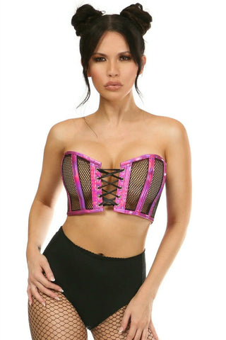 Fuchsia Holo & Fishnet Lace-Up Short Bustier Top